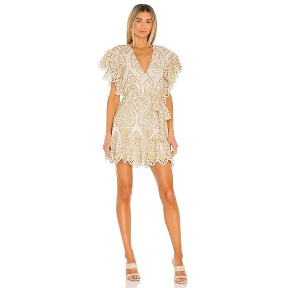 MINKPINK Whilma Wrap Mini Dress in Yellow Small New Eyelet - Picture 2 of 11